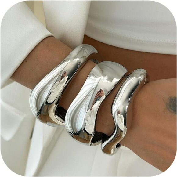 Gold Bangle Bracelets Women Chunky Wide Cuff Stackable Jewelry Accessories - Picture 1 of 6